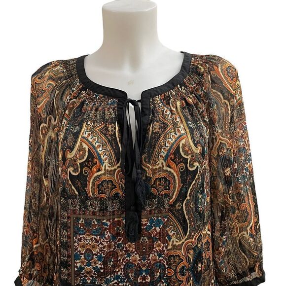 ANTHROPOLOGIE MEADOW RUE BLACK CHIFFON PAISLEY PEASANT BLOUSE LINED SZ small - Picture 2 of 10